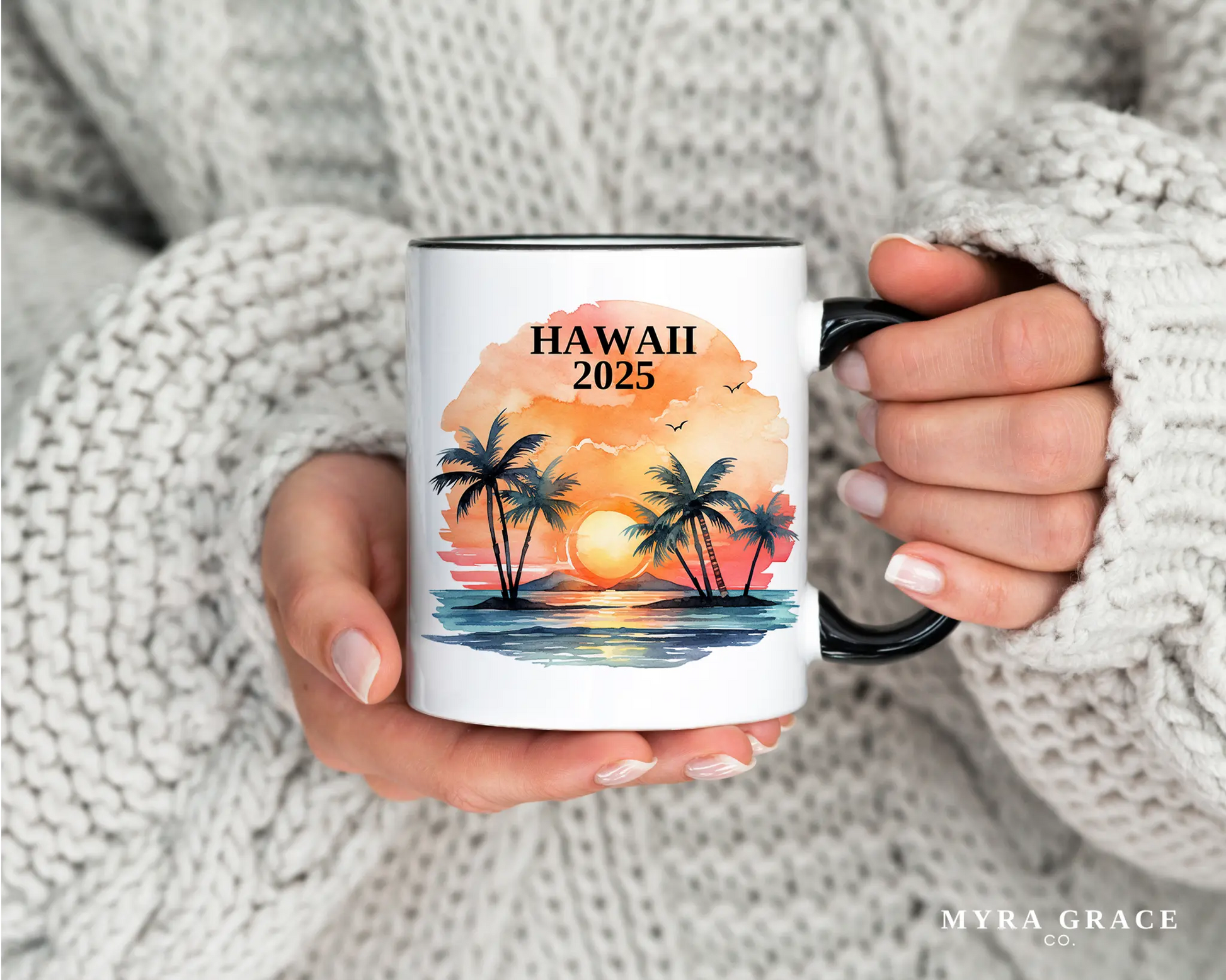 Custom ceramic Hawaii vacation mug with watercolor location design, date, and personal photo – personalized travel gift or photo mug. 