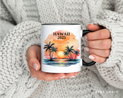 Custom ceramic Hawaii vacation mug with watercolor location design, date, and personal photo – personalized travel gift or photo mug. 