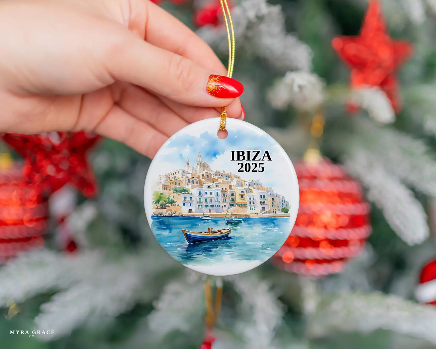Custom Ibiza Spain ceramic photo ornament with personalized message – handmade Christmas bauble, gift souvenir, or vacation keepsake.  