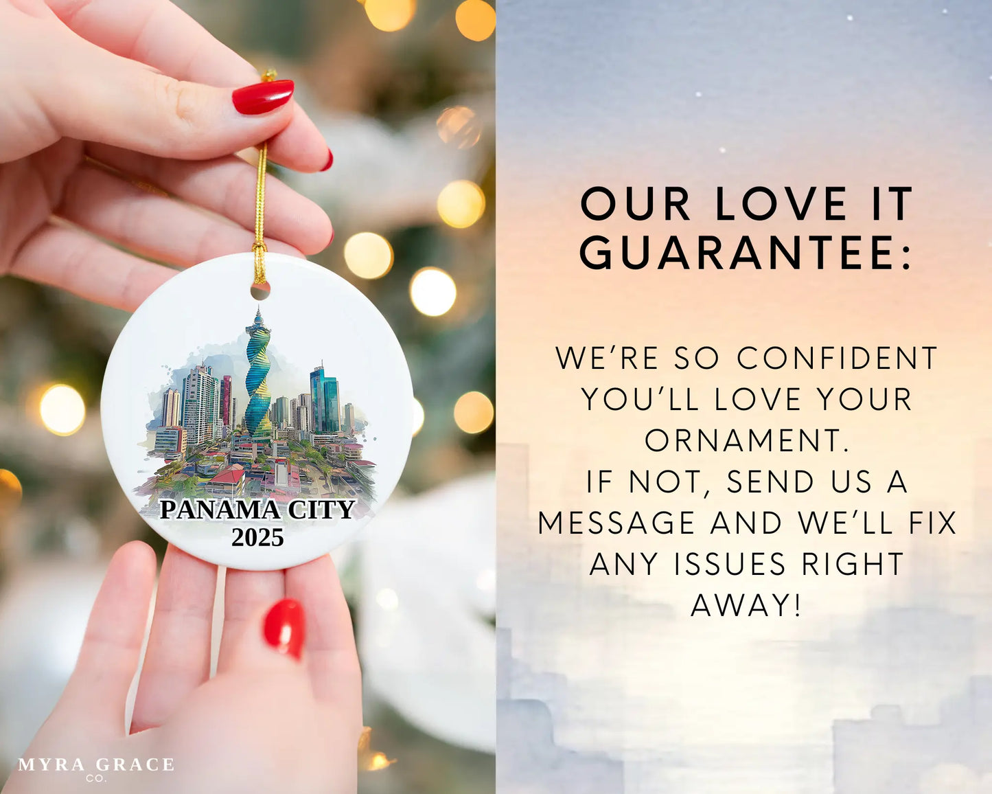 Custom Panama City ceramic photo ornament with personalized message – handmade Christmas bauble, gift souvenir, or vacation keepsake. Love it guarantee