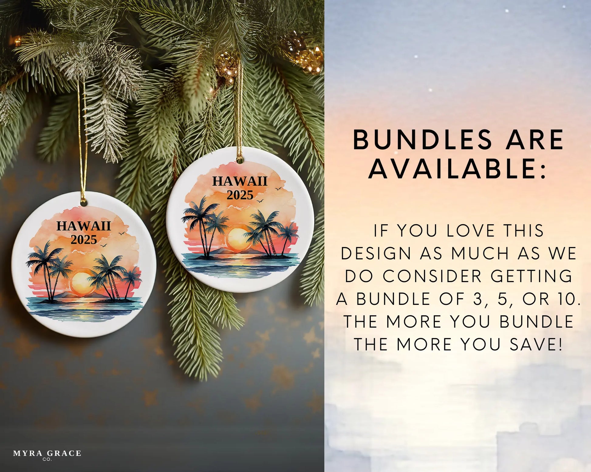 Custom Hawaii ceramic photo ornament with personalized message – handmade Christmas bauble, gift souvenir, or vacation keepsake.  bundles are available