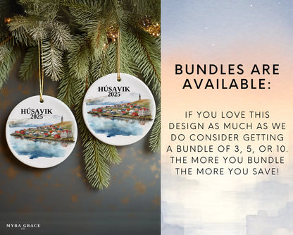 Custom Husavik Iceland ceramic photo ornament with personalized message – handmade Christmas bauble, gift souvenir, or vacation keepsake.  bundles are available