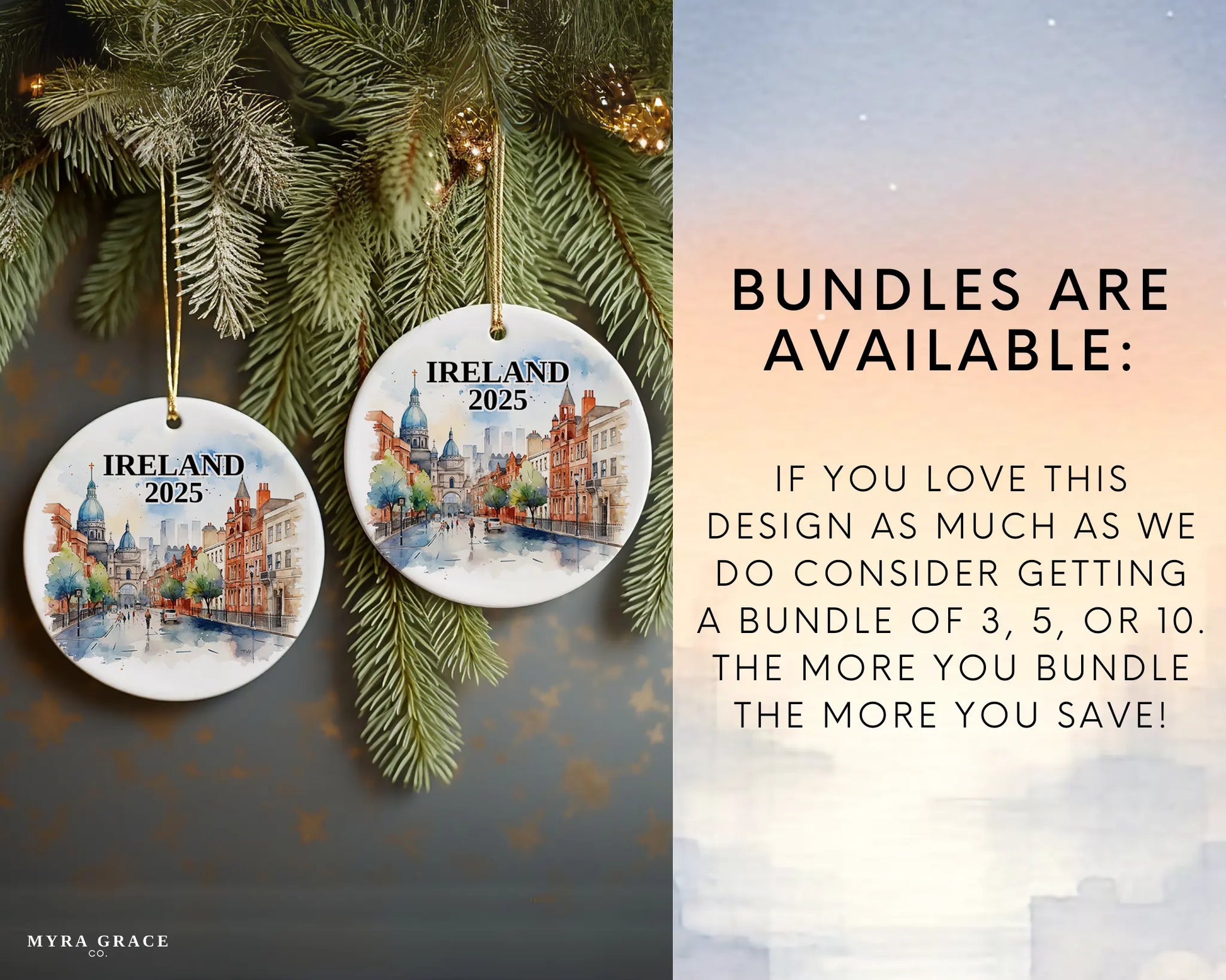 Custom Ireland ceramic photo ornament with personalized message – handmade Christmas bauble, gift souvenir, or vacation keepsake.  Bundles are available