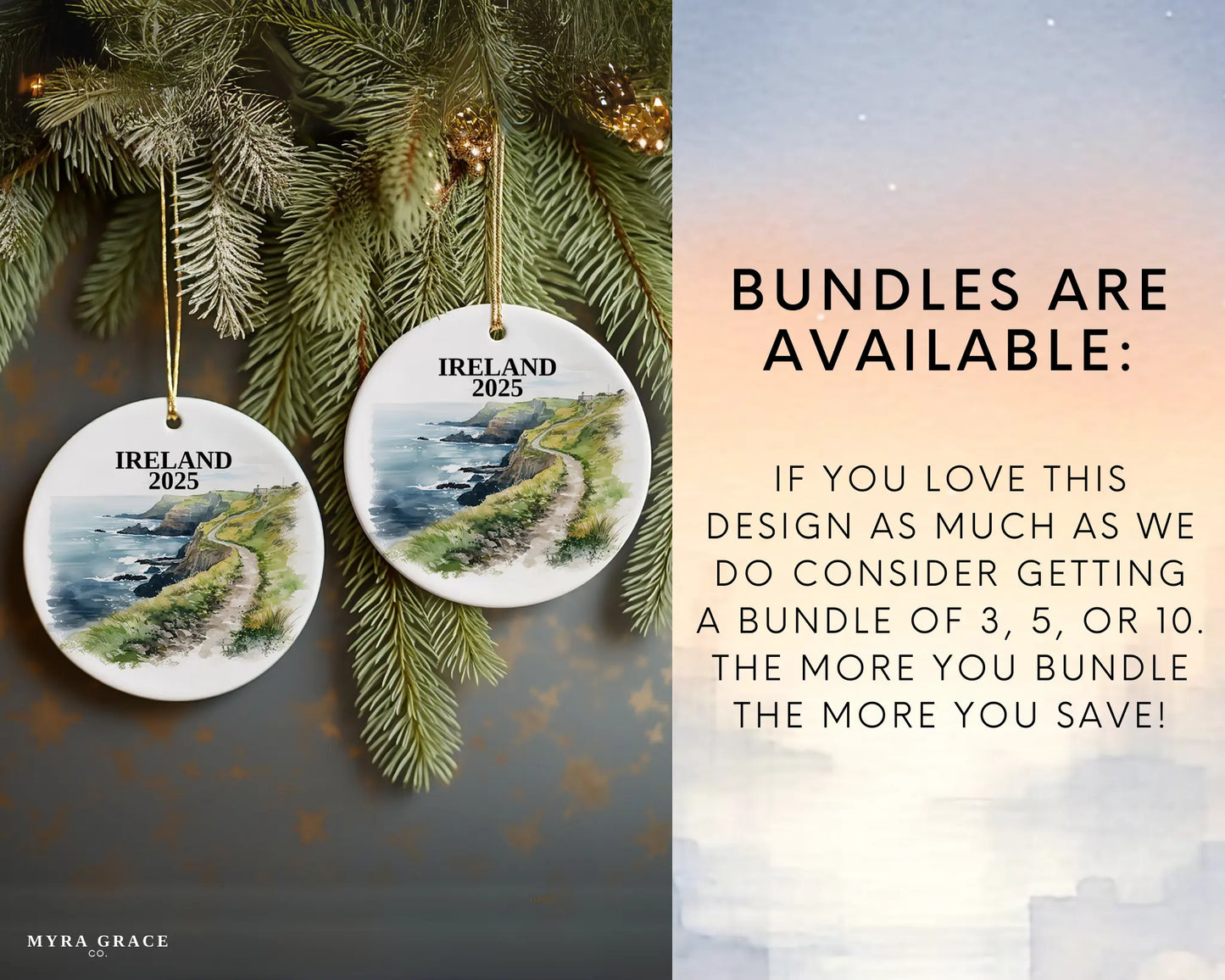 Custom Ireland Cliffs of Moher ceramic photo ornament with personalized message – handmade Christmas bauble, gift souvenir, or vacation keepsake.  Bundles are available