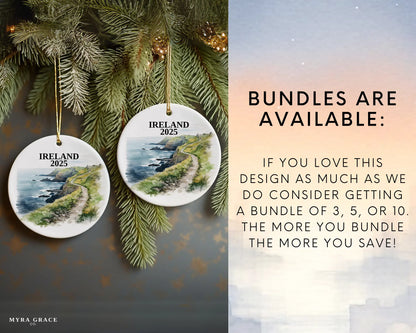 Custom Ireland Cliffs of Moher ceramic photo ornament with personalized message – handmade Christmas bauble, gift souvenir, or vacation keepsake.  Bundles are available