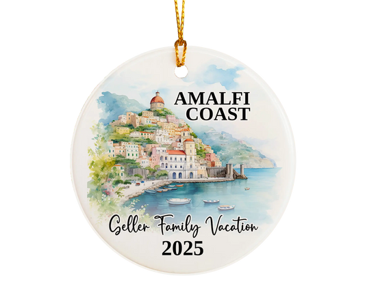 Custom vacation Amalfi Coast Italy ceramic photo ornament with personalized message – handmade Christmas bauble, gift souvenir, or vacation keepsake. 