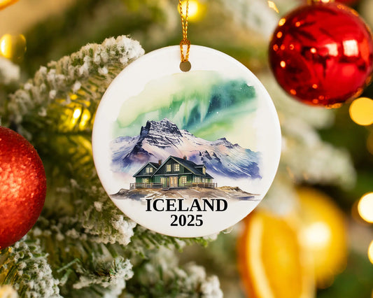 Custom Iceland ceramic photo ornament with personalized message – handmade Christmas bauble, gift souvenir, or vacation keepsake.  