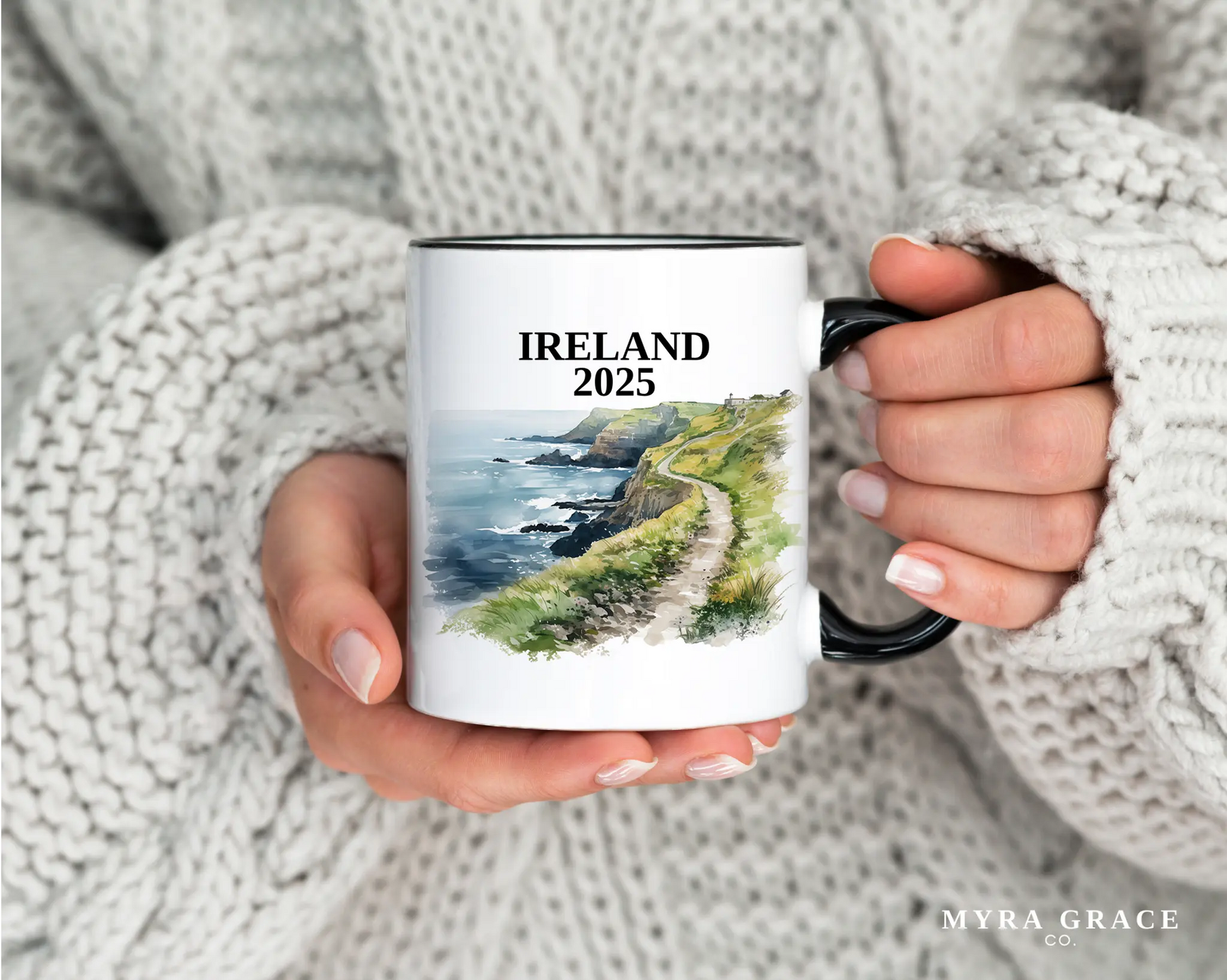 Custom ceramic Ireland Cliffs of Moher vacation mug with watercolor location design, date, and personal photo – personalized travel gift or photo mug. 