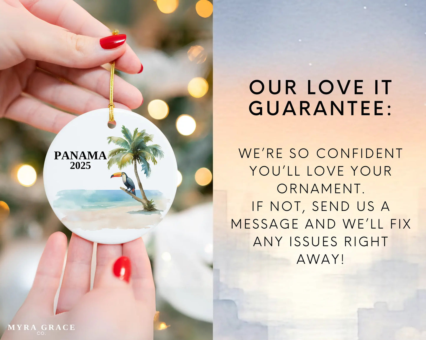 Custom Panama ceramic photo ornament with personalized message – handmade Christmas bauble, gift souvenir, or vacation keepsake. Love it guarantee