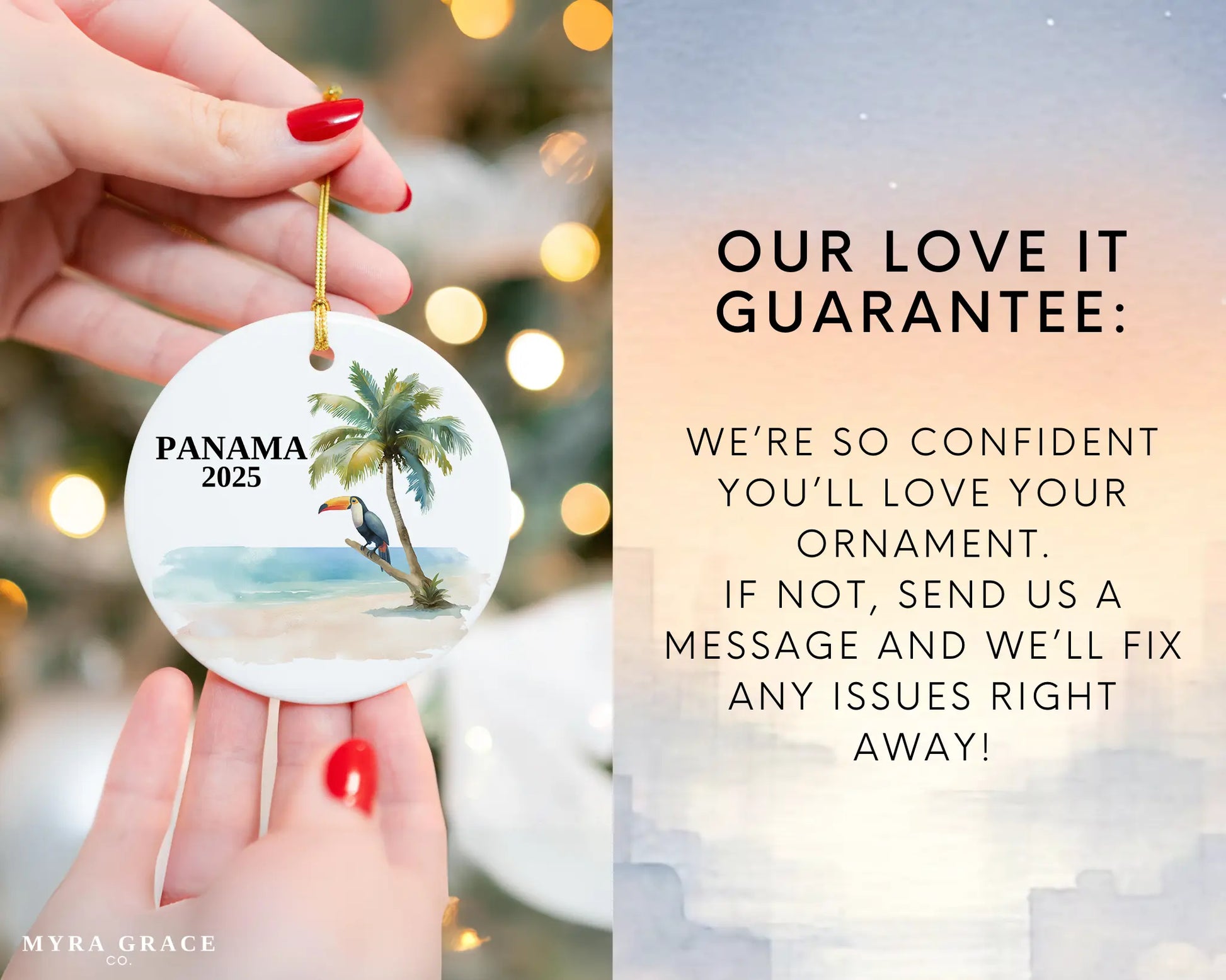 Custom Panama ceramic photo ornament with personalized message – handmade Christmas bauble, gift souvenir, or vacation keepsake. Love it guarantee