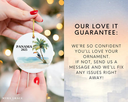 Custom Panama ceramic photo ornament with personalized message – handmade Christmas bauble, gift souvenir, or vacation keepsake. Love it guarantee