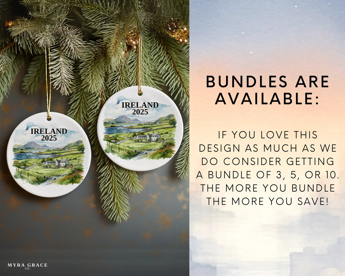 Custom Ireland ceramic photo ornament with personalized message – handmade Christmas bauble, gift souvenir, or vacation keepsake.  bundles are available