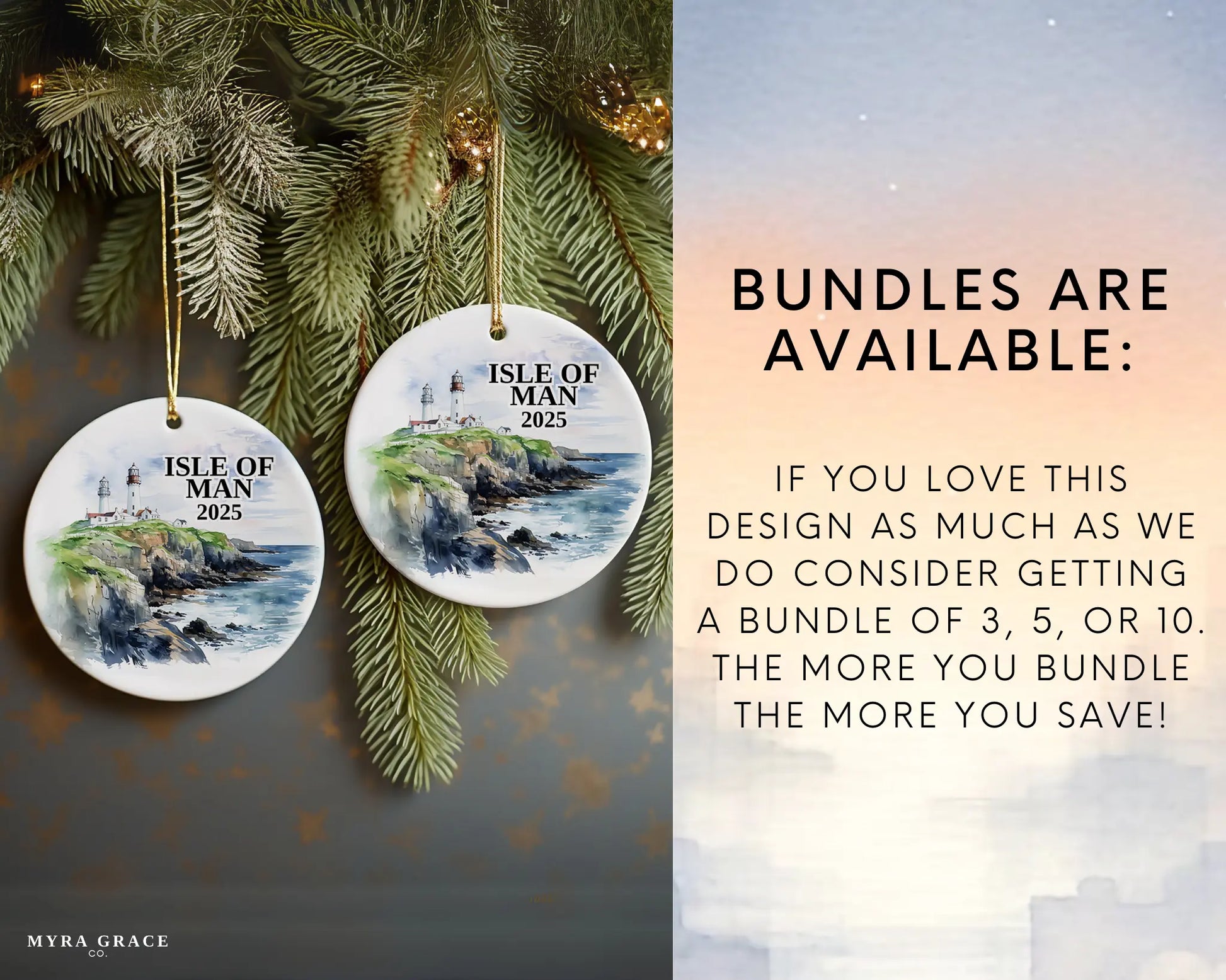 Custom Isle of Man ceramic photo ornament with personalized message – handmade Christmas bauble, gift souvenir, or vacation keepsake.  bundles are available