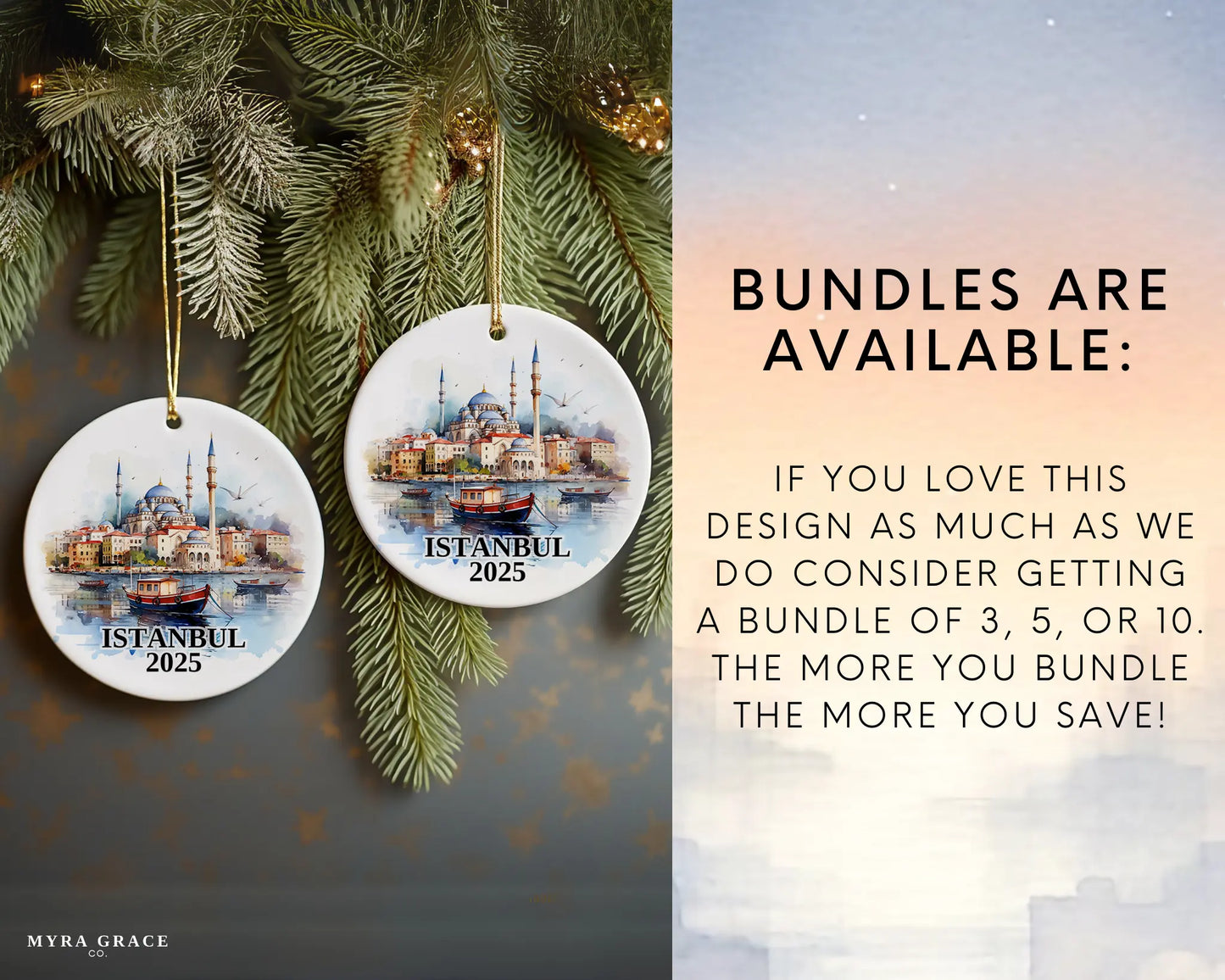 Custom Istanbul Turkey ceramic photo ornament with personalized message – handmade Christmas bauble, gift souvenir, or vacation keepsake.  Bundles are available