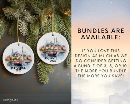 Custom Istanbul Turkey ceramic photo ornament with personalized message – handmade Christmas bauble, gift souvenir, or vacation keepsake.  Bundles are available