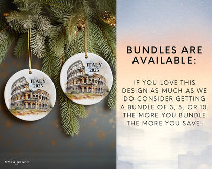 Custom Italy Rome Colosseum ceramic photo ornament with personalized message – handmade Christmas bauble, gift souvenir, or vacation keepsake.  bundles are available