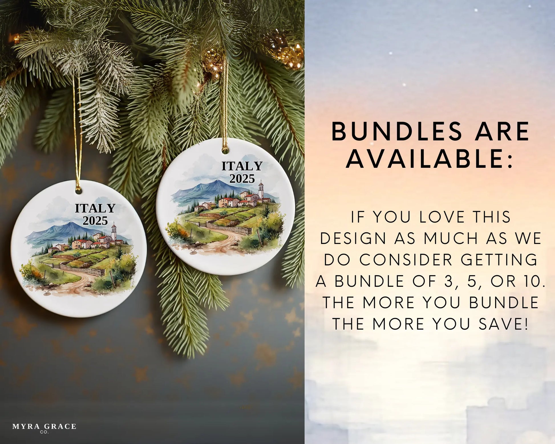 Custom Italy ceramic photo ornament with personalized message – handmade Christmas bauble, gift souvenir, or vacation keepsake.  bundles are available