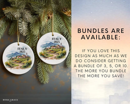 Custom Italy ceramic photo ornament with personalized message – handmade Christmas bauble, gift souvenir, or vacation keepsake.  bundles are available