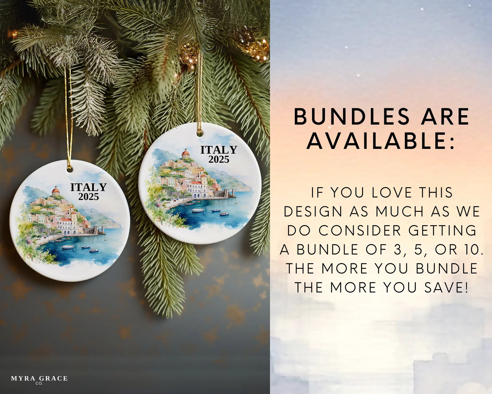 Custom Amalfi Coast Italy ceramic photo ornament with personalized message – handmade Christmas bauble, gift souvenir, or vacation keepsake.  bundles are available
