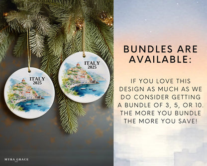Custom Amalfi Coast Italy ceramic photo ornament with personalized message – handmade Christmas bauble, gift souvenir, or vacation keepsake.  bundles are available