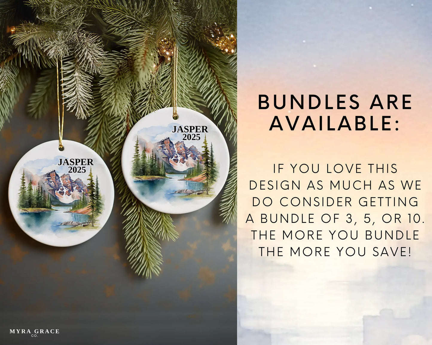 Custom Jasper Alberta Canada ceramic photo ornament with personalized message – handmade Christmas bauble, gift souvenir, or vacation keepsake.  Bundles are available