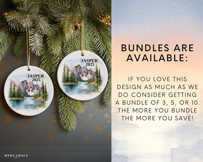 Custom Jasper Alberta Canada ceramic photo ornament with personalized message – handmade Christmas bauble, gift souvenir, or vacation keepsake.  Bundles are available
