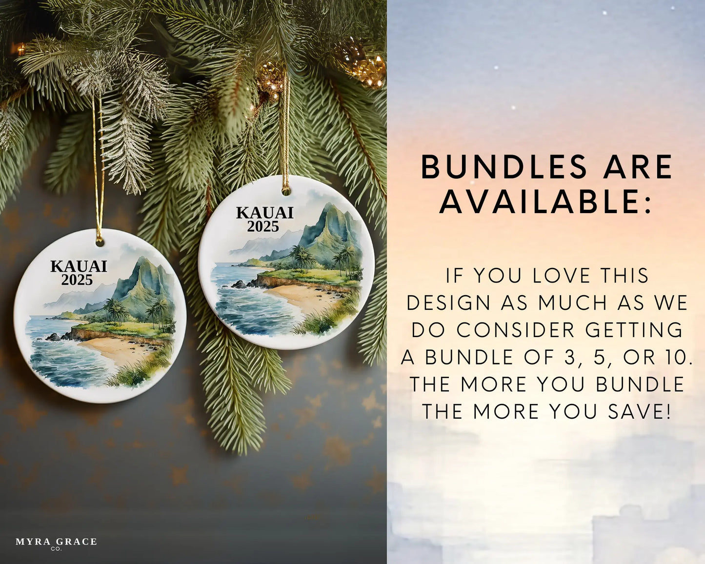 Custom Kauai Hawaii ceramic photo ornament with personalized message – handmade Christmas bauble, gift souvenir, or vacation keepsake.  Bundles are available
