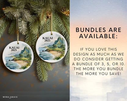 Custom Kauai Hawaii ceramic photo ornament with personalized message – handmade Christmas bauble, gift souvenir, or vacation keepsake.  Bundles are available