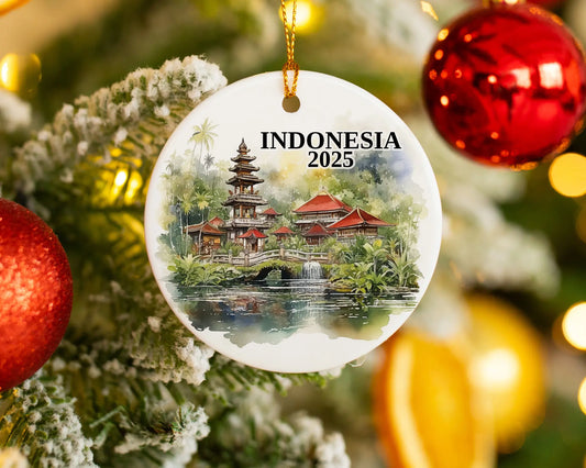 Custom Indonesia ceramic photo ornament with personalized message – handmade Christmas bauble, gift souvenir, or vacation keepsake.  