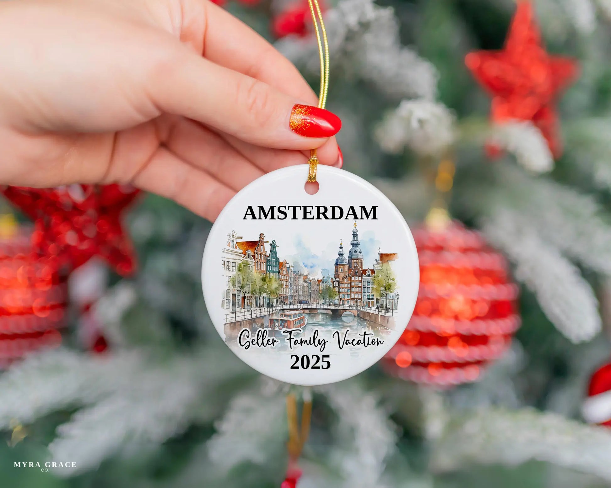 Custom vacation Amsterdam ceramic photo ornament with personalized message – handmade Christmas bauble, gift souvenir, or vacation keepsake. 