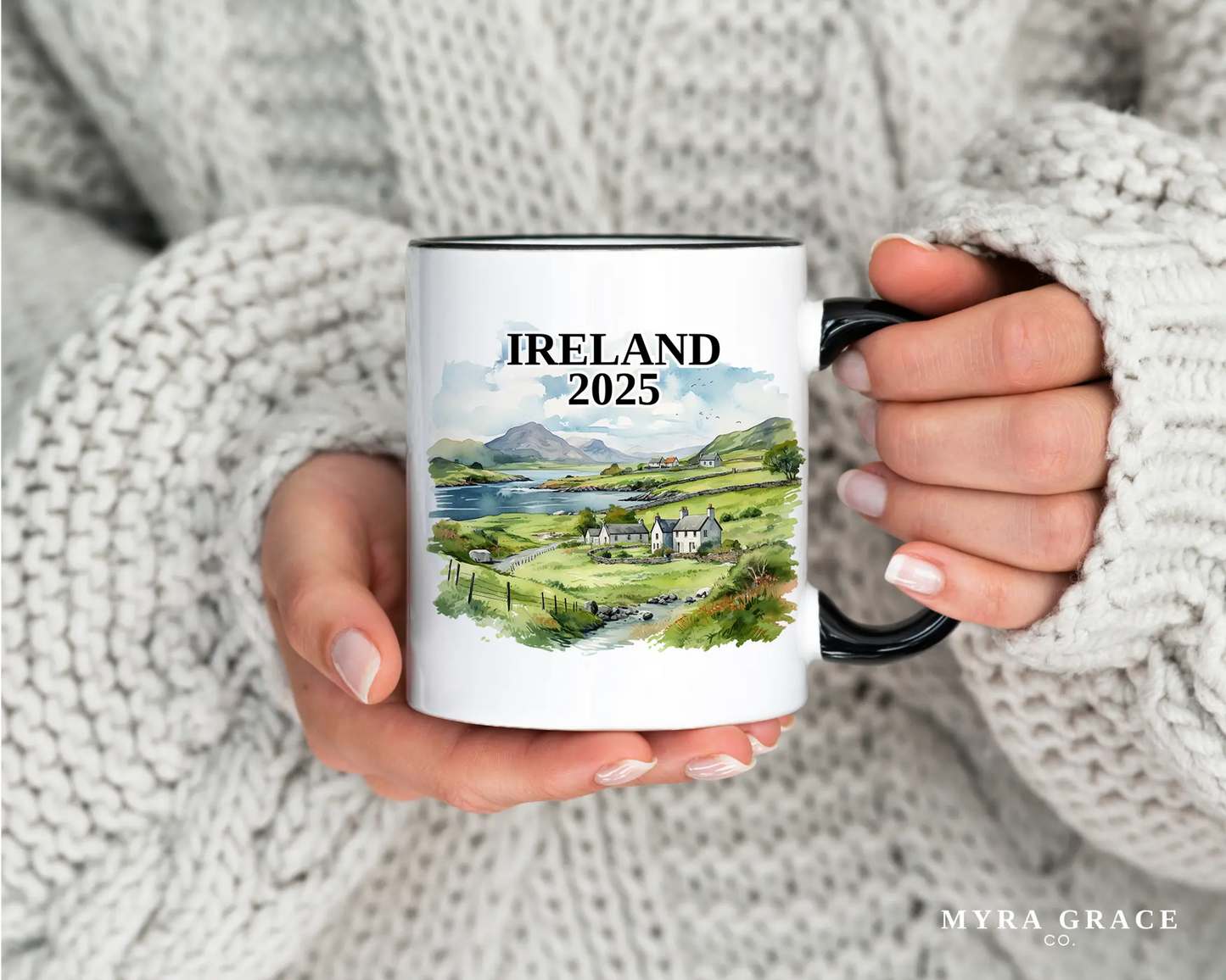 Custom ceramic Ireland vacation mug with watercolor location design, date, and personal photo – personalized travel gift or photo mug. 