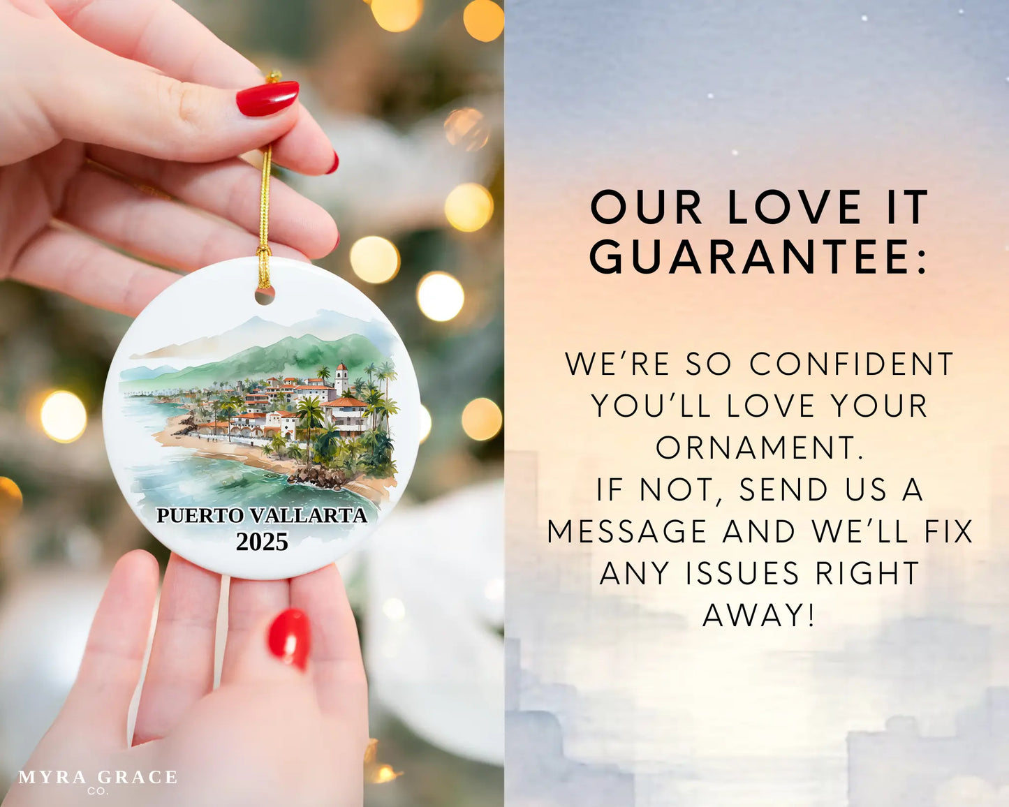 Custom Puerto Vallarta Mexico ceramic photo ornament with personalized message – handmade Christmas bauble, gift souvenir, or vacation keepsake.  Love it guarantee