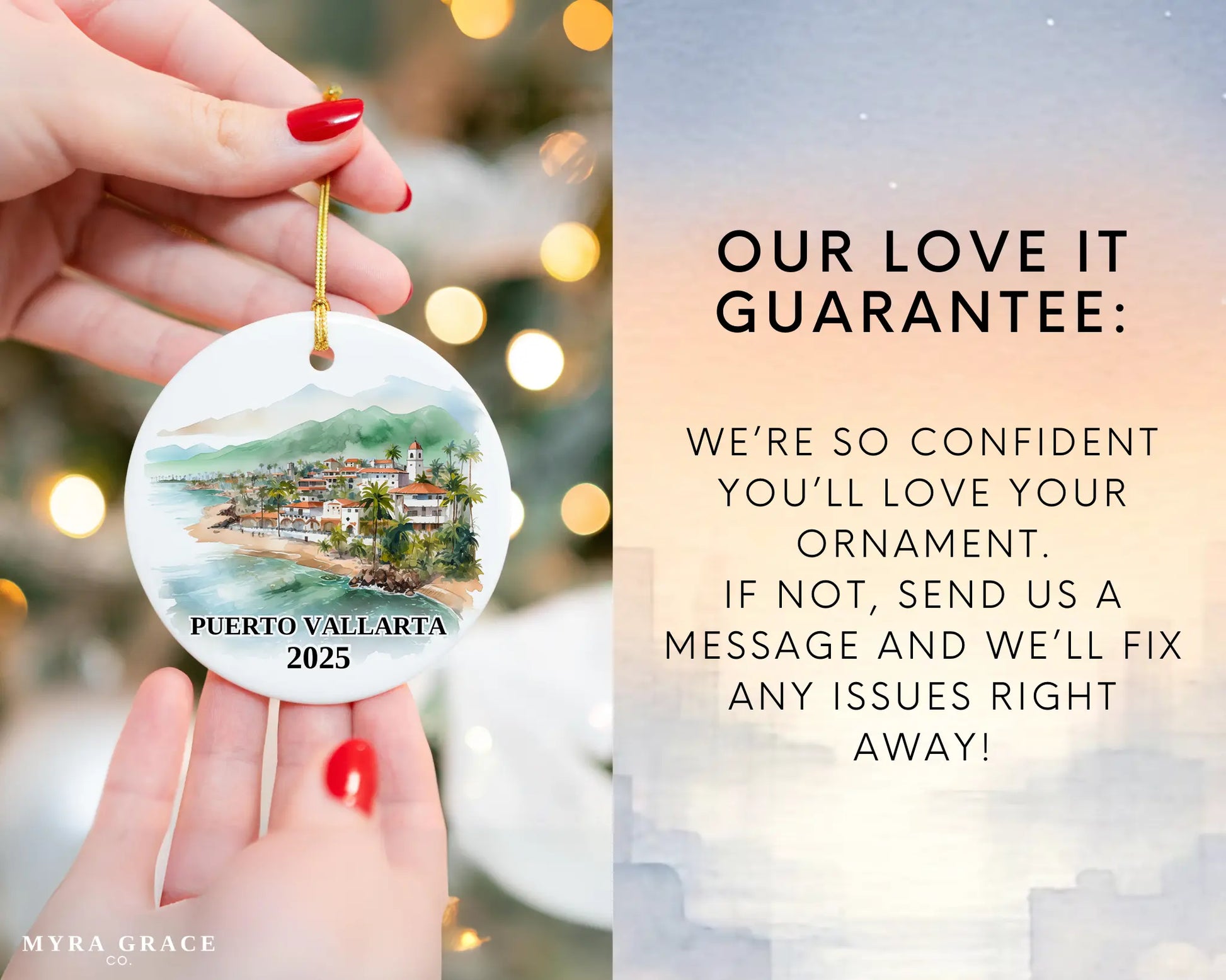 Custom Puerto Vallarta Mexico ceramic photo ornament with personalized message – handmade Christmas bauble, gift souvenir, or vacation keepsake.  Love it guarantee