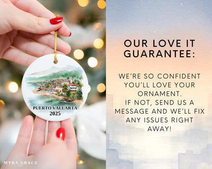 Custom Puerto Vallarta Mexico ceramic photo ornament with personalized message – handmade Christmas bauble, gift souvenir, or vacation keepsake.  Love it guarantee