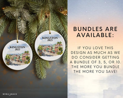 Custom Kingston Jamaica ceramic photo ornament with personalized message – handmade Christmas bauble, gift souvenir, or vacation keepsake.  Bundles are available
