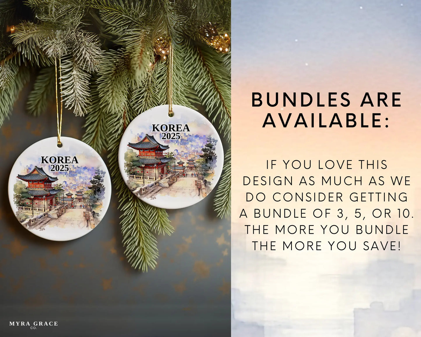 Custom Korea ceramic photo ornament with personalized message – handmade Christmas bauble, gift souvenir, or vacation keepsake.  Bundles are available