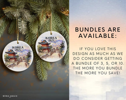 Custom Korea ceramic photo ornament with personalized message – handmade Christmas bauble, gift souvenir, or vacation keepsake.  Bundles are available