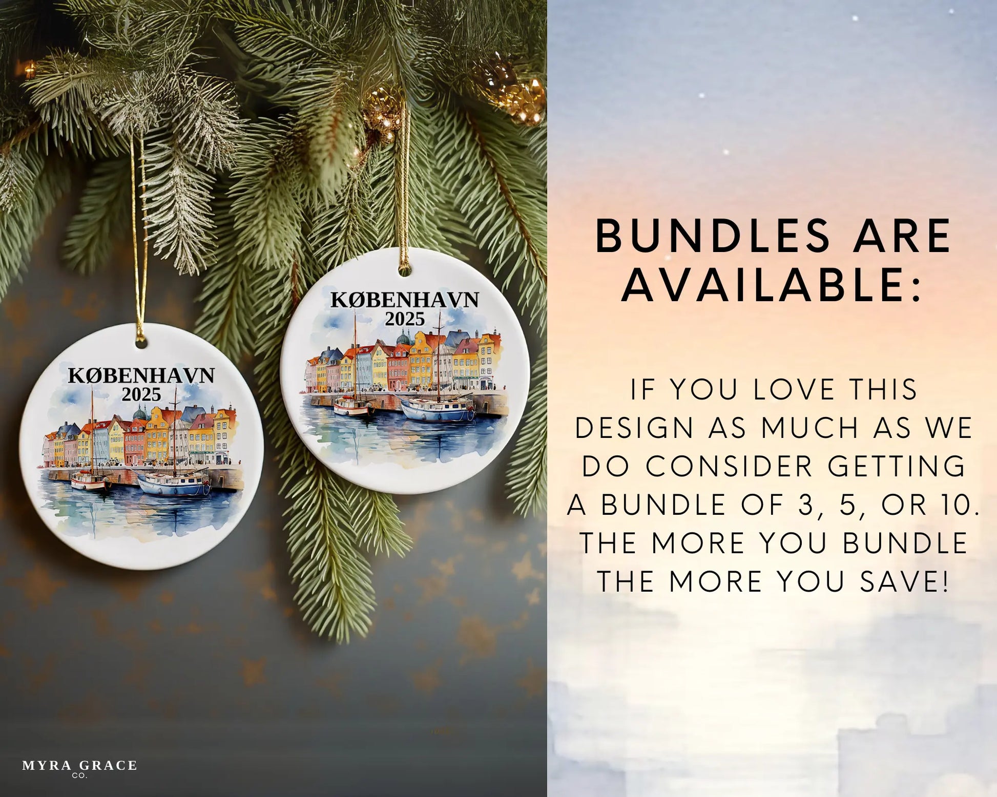 Custom København Copenhagen Denmark ceramic photo ornament with personalized message – handmade Christmas bauble, gift souvenir, or vacation keepsake.  Bundles are available