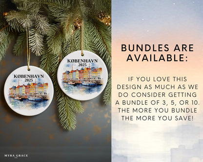 Custom København Copenhagen Denmark ceramic photo ornament with personalized message – handmade Christmas bauble, gift souvenir, or vacation keepsake.  Bundles are available