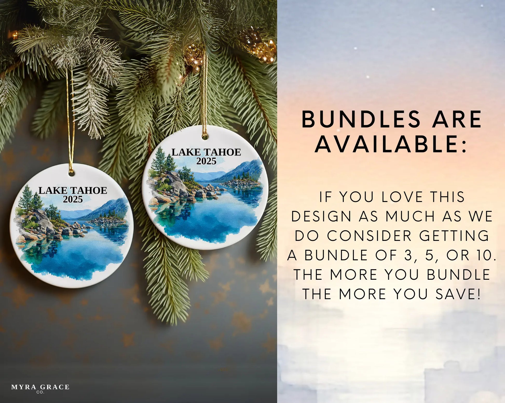 Custom Lake Tahoe California Nevada ceramic photo ornament with personalized message – handmade Christmas bauble, gift souvenir, or vacation keepsake.  bundles are available