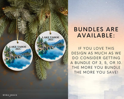 Custom Lake Tahoe California Nevada ceramic photo ornament with personalized message – handmade Christmas bauble, gift souvenir, or vacation keepsake.  bundles are available
