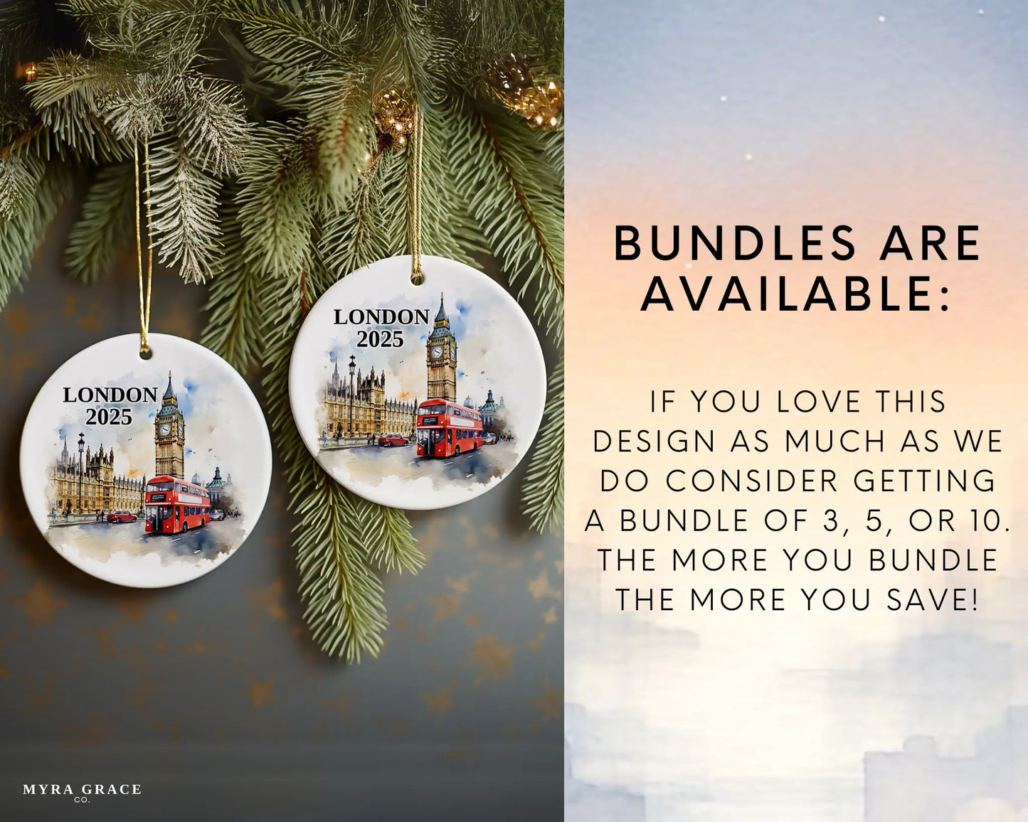 Custom London UK ceramic photo ornament with personalized message – handmade Christmas bauble, gift souvenir, or vacation keepsake.  Bundles are available