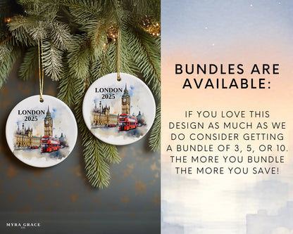 Custom London UK ceramic photo ornament with personalized message – handmade Christmas bauble, gift souvenir, or vacation keepsake.  Bundles are available