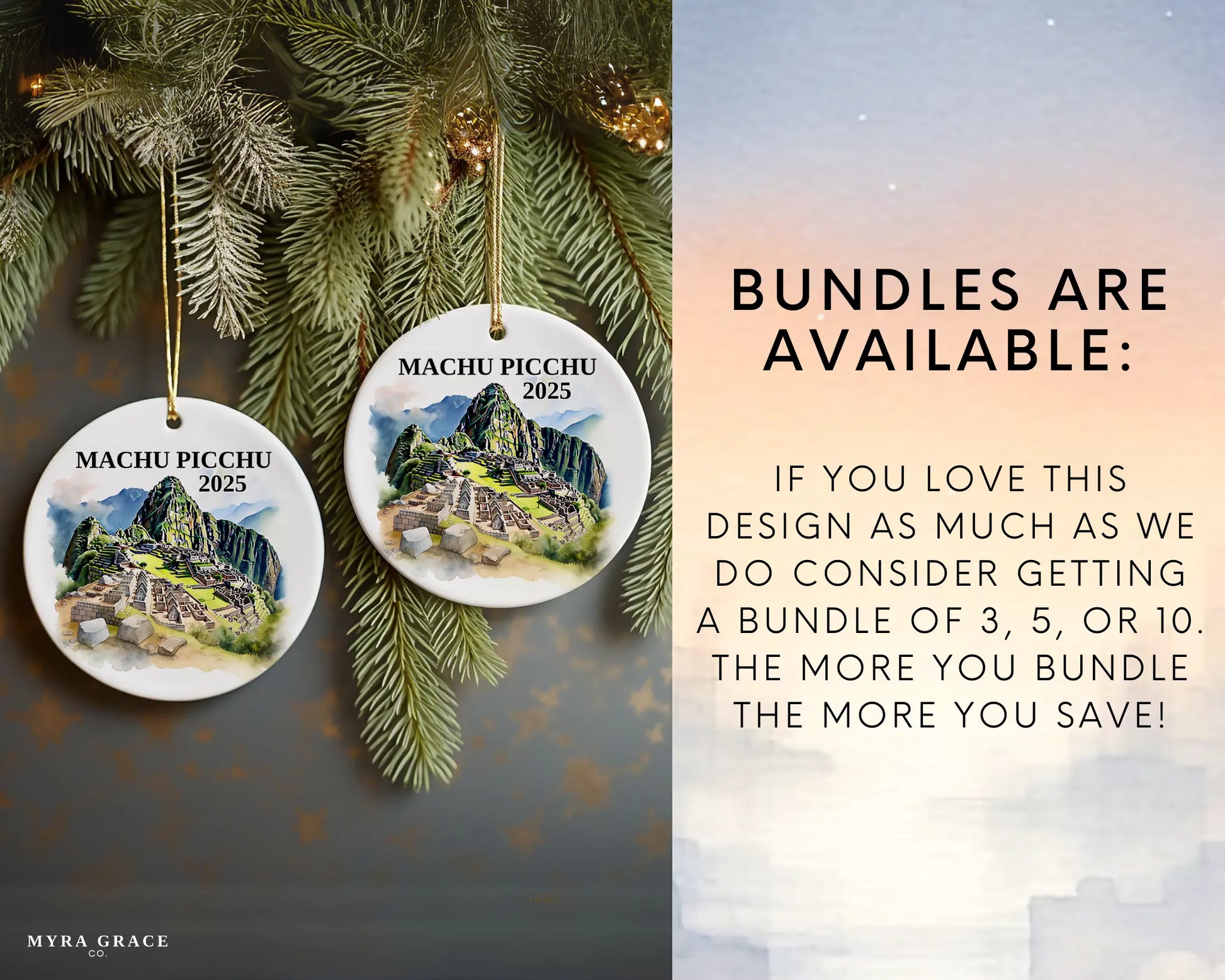 Custom Machu Picchu ceramic photo ornament with personalized message – handmade Christmas bauble, gift souvenir, or vacation keepsake.  bundles are available