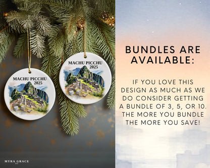 Custom Machu Picchu ceramic photo ornament with personalized message – handmade Christmas bauble, gift souvenir, or vacation keepsake.  bundles are available