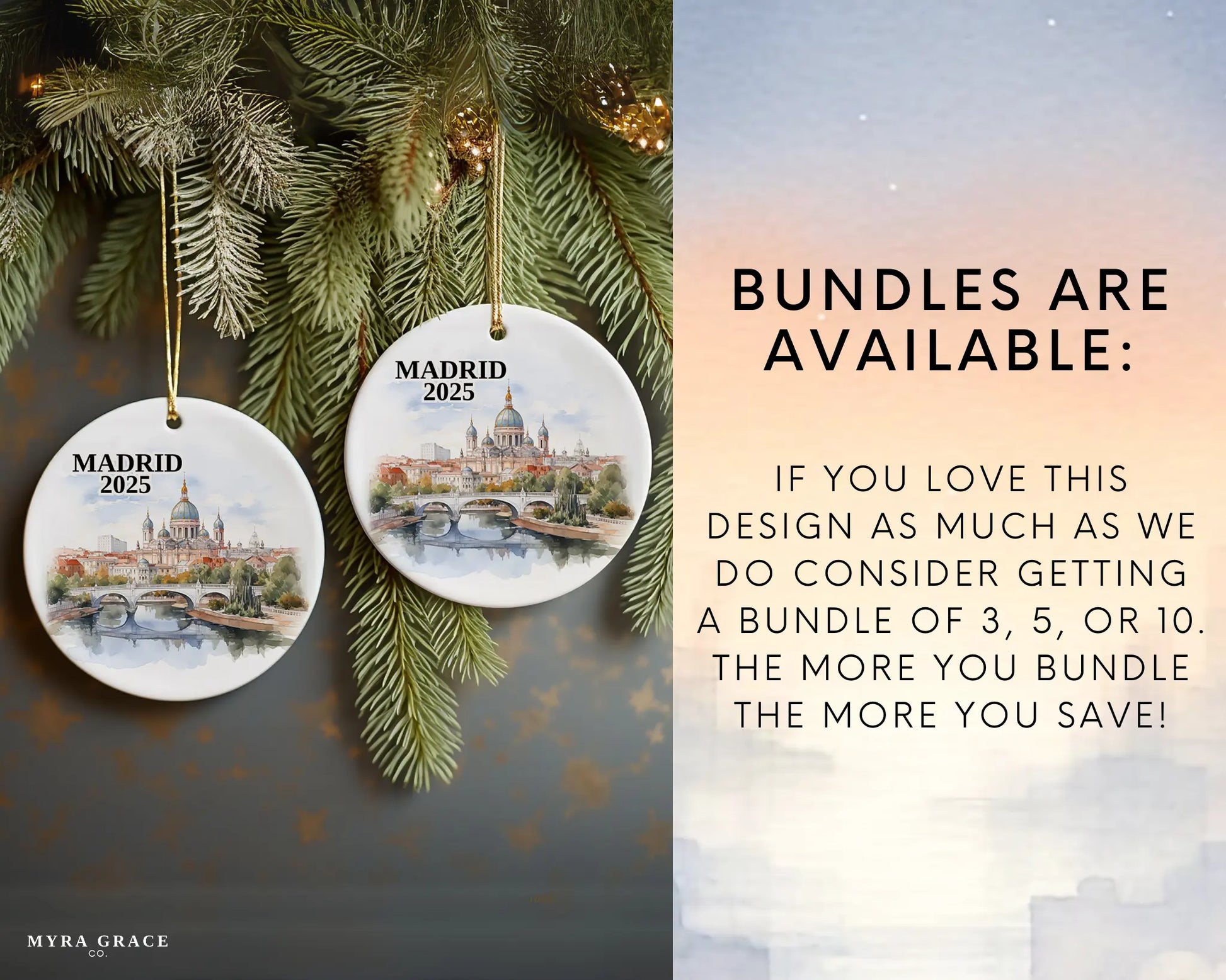 Custom Madrid Spain ceramic photo ornament with personalized message – handmade Christmas bauble, gift souvenir, or vacation keepsake.  Bundles are available