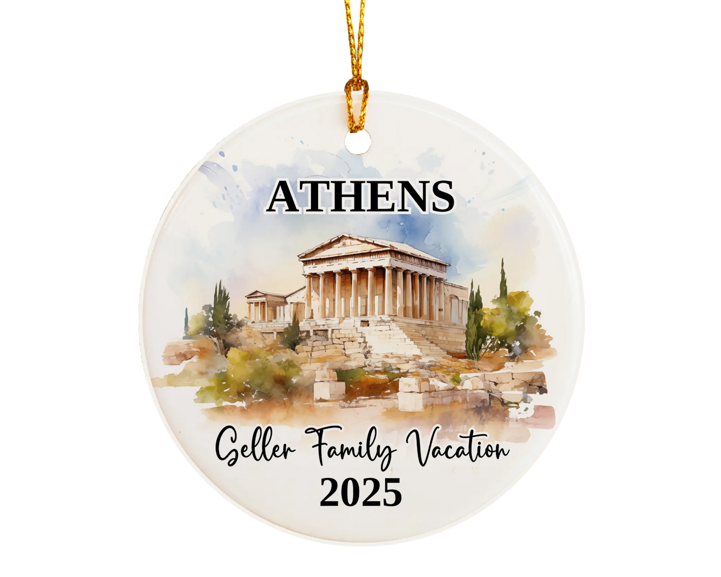 Custom vacation Athens Greece ceramic photo ornament with personalized message – handmade Christmas bauble, gift souvenir, or vacation keepsake. 