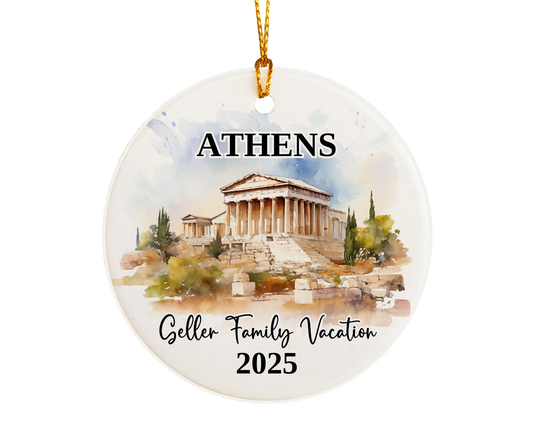 Custom vacation Athens Greece ceramic photo ornament with personalized message – handmade Christmas bauble, gift souvenir, or vacation keepsake. 