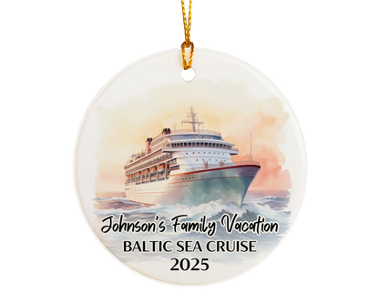 Handmade ceramic Baltic Sea Scandinavia cruise ornament with personalized location and photo – custom Christmas bauble or cruise vacation souvenir.