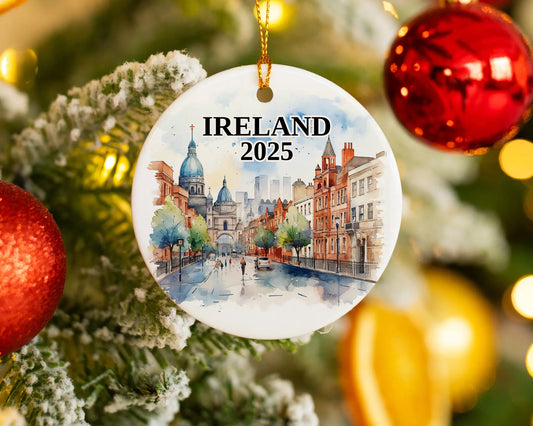 Custom Ireland ceramic photo ornament with personalized message – handmade Christmas bauble, gift souvenir, or vacation keepsake.  